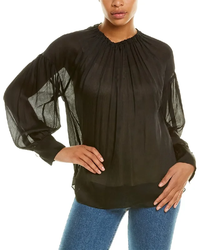 Vince Shirred Neck Silk Blouse