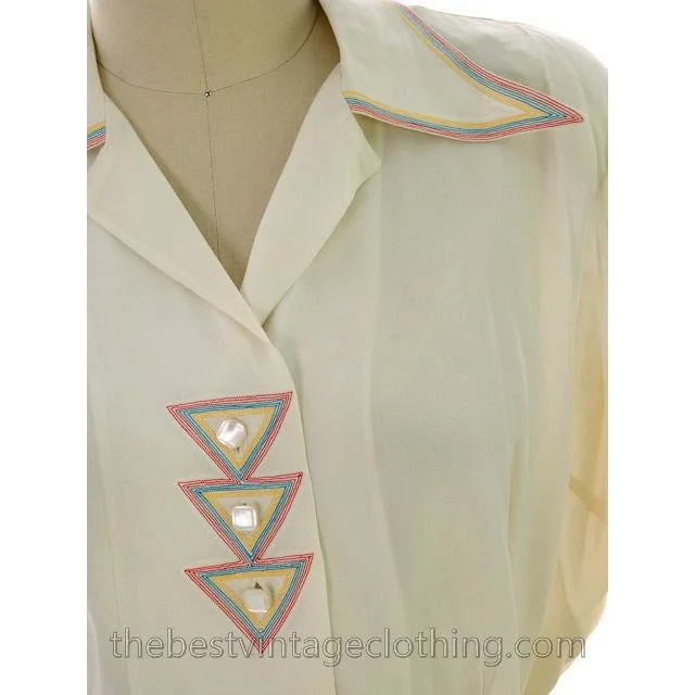 Vintage Rayon 1940s Blouse Ivory Art Deco Top Stitching M-L