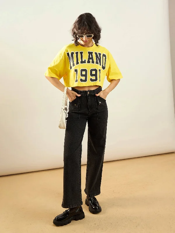 Women Yellow MILANO 1991 Printed Crop T-shirt