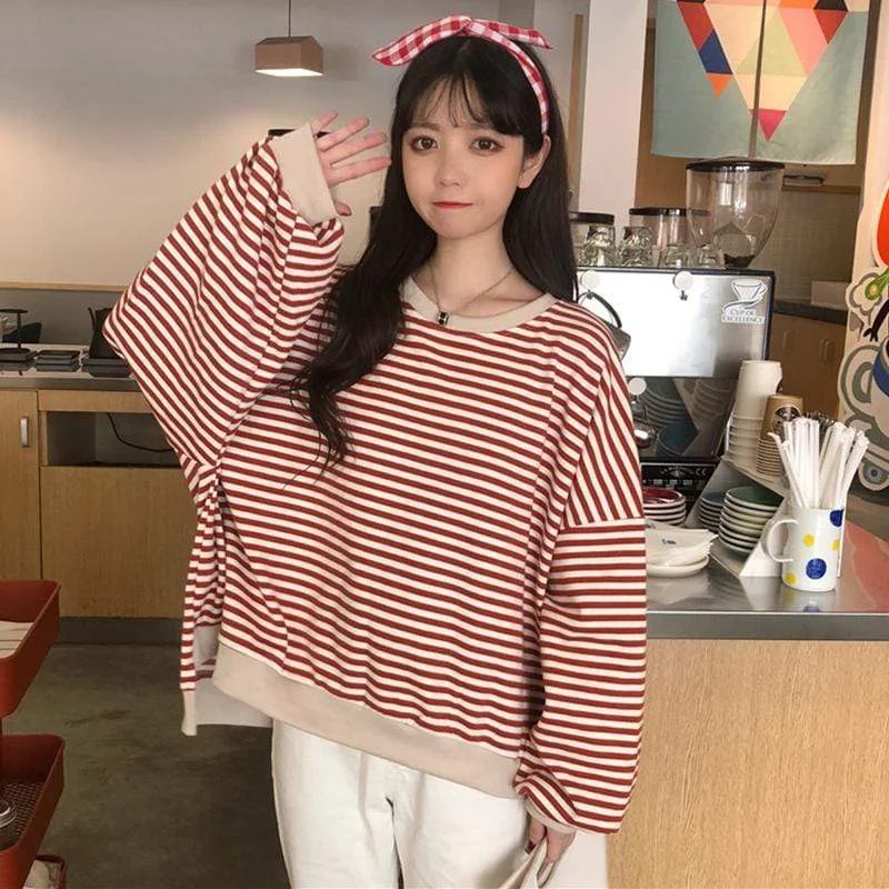 Women's Casual Round Collar Long Sleeved Striped Shirts