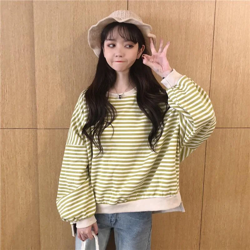 Women's Casual Round Collar Long Sleeved Striped Shirts