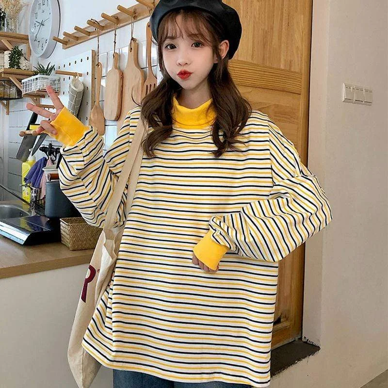 Women's Cute Turtleneck Contrast Color Striped Shirts