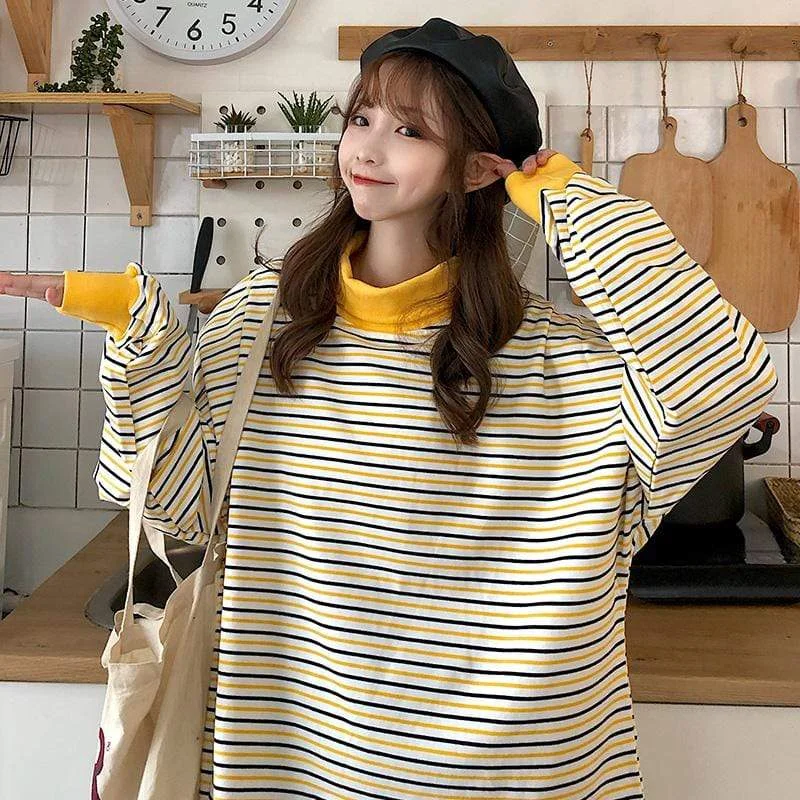 Women's Cute Turtleneck Contrast Color Striped Shirts