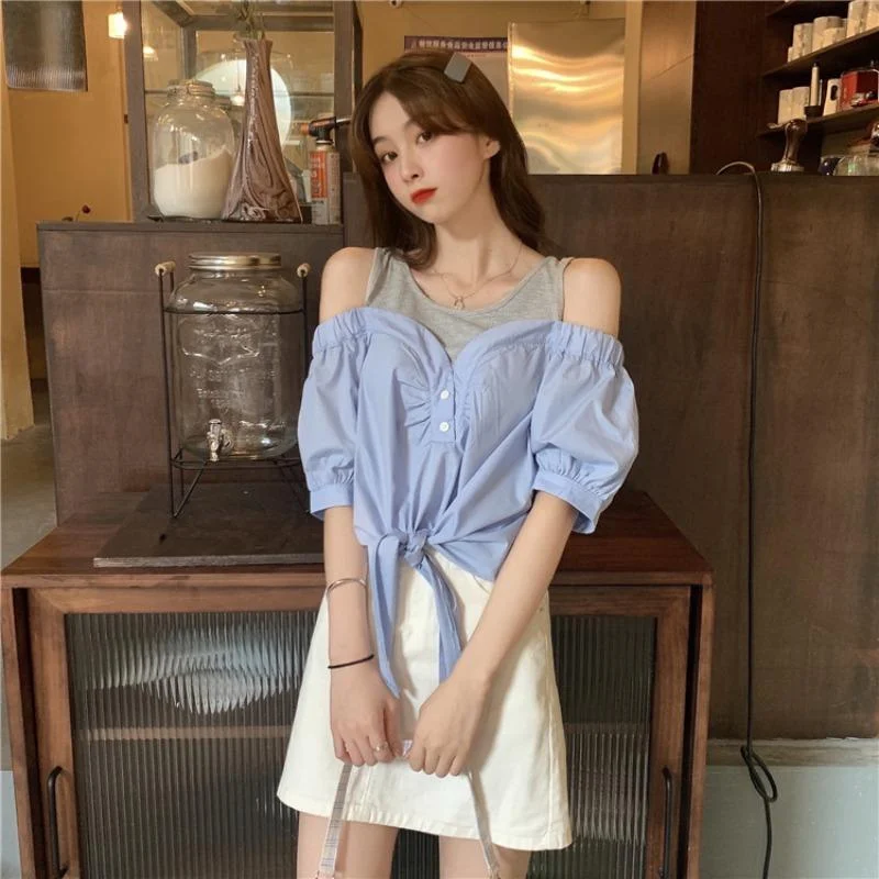 Women's Kawaii Off-the-shoulder False Two Pieces Shirts