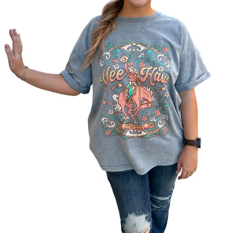 Yee Haw Botanical Cowgirl Graphic T-Shirt In Grey