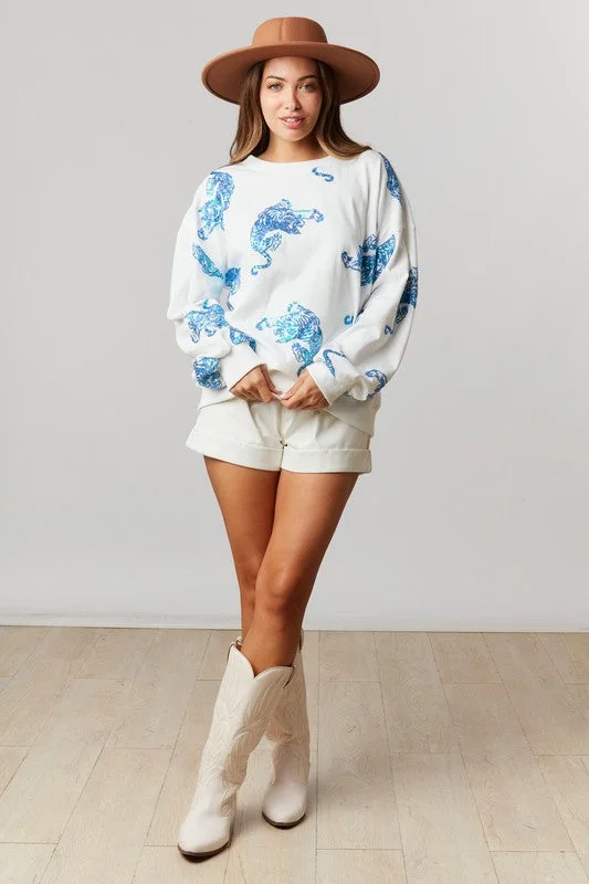 Aqua Animal Print White Sweatshirt