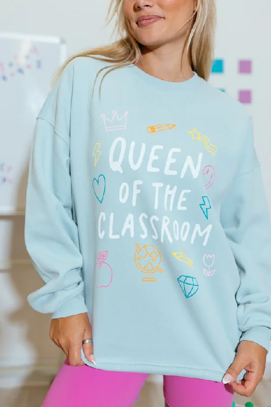 Queen of The Classroom Light Blue Oversized Graphic Sweatshirt