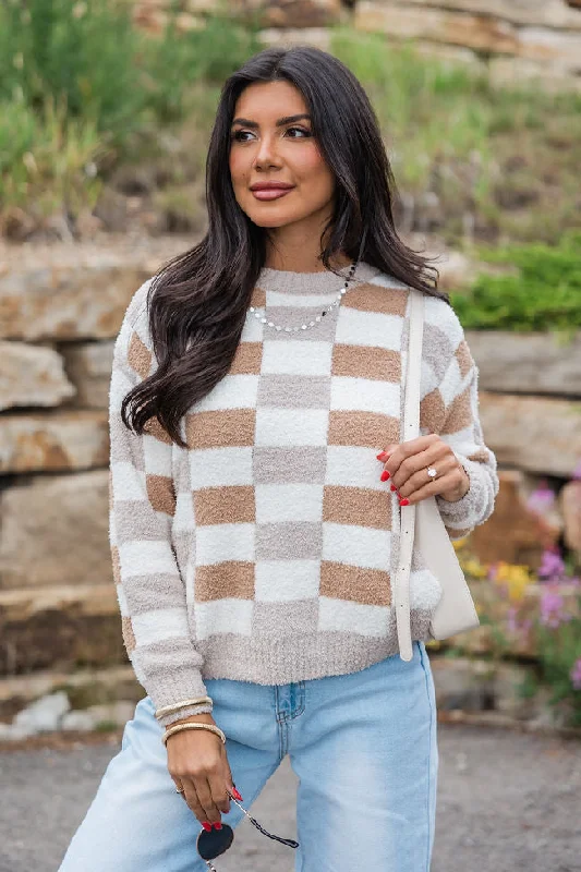 Sweet Truth Tan Fuzzy Checkered Sweater