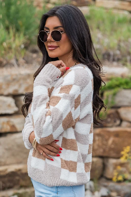 Sweet Truth Tan Fuzzy Checkered Sweater