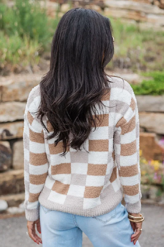 Sweet Truth Tan Fuzzy Checkered Sweater