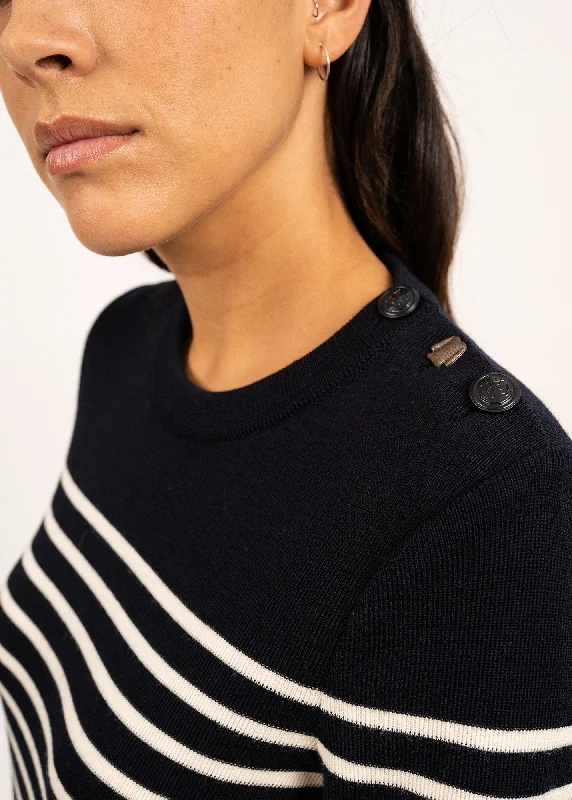 BREGANCON - Breton Striped Sweater with Jacquard Elbow Patch for Women (NAVY / IVORY)