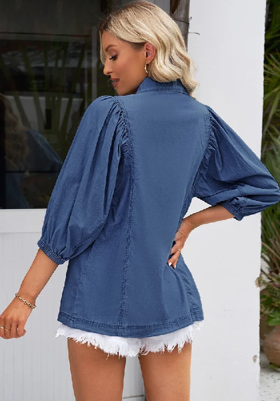 Cobalt Night Blue 2023 Denim Shirt Women Button Down Chambray Oversized Puff Sleeve Blouses Distressed Western Jean Tops