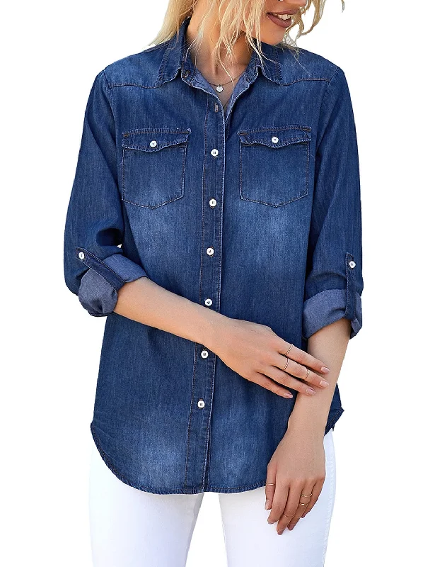 Women's Long Sleeve Collared Shirt Button Down Denim Blouse Tops