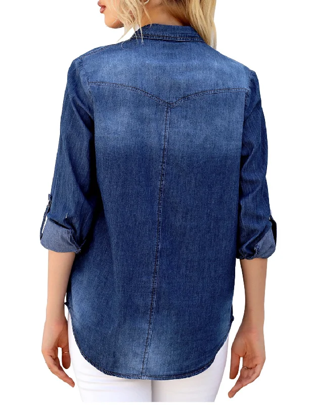 Women's Long Sleeve Collared Shirt Button Down Denim Blouse Tops