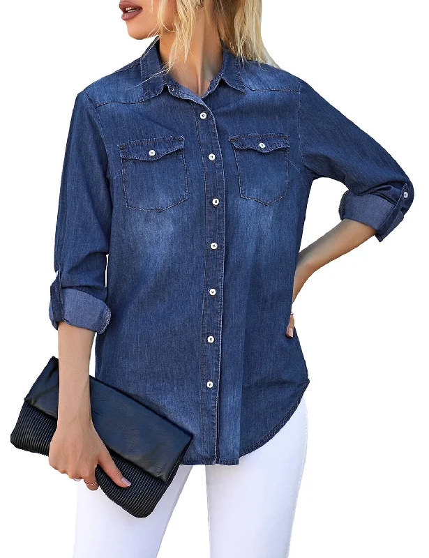 Women's Long Sleeve Collared Shirt Button Down Denim Blouse Tops