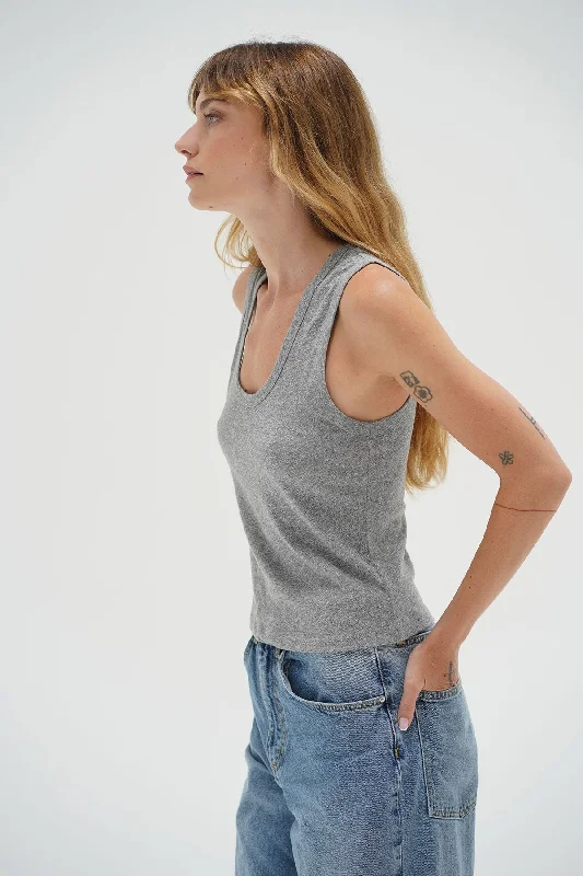 Deep U Cotton Tank - Heather Grey