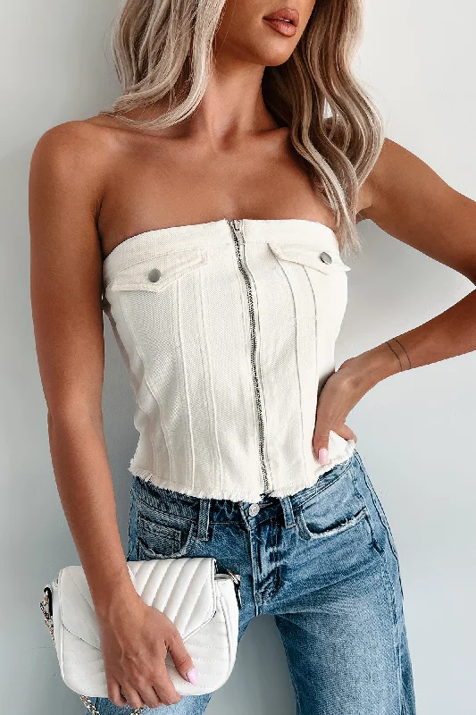 In Too Deep Zip-Front Denim Tube Top (Cream)