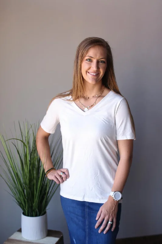 Ivory Basic V-Neck Short Sleeve Top • S-XL