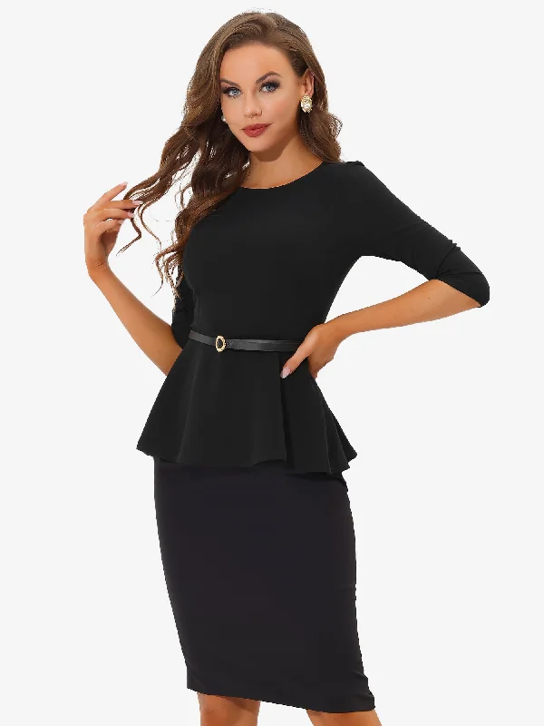 3/4 Sleeve Belted Peplum Elegant Business Work Blouse