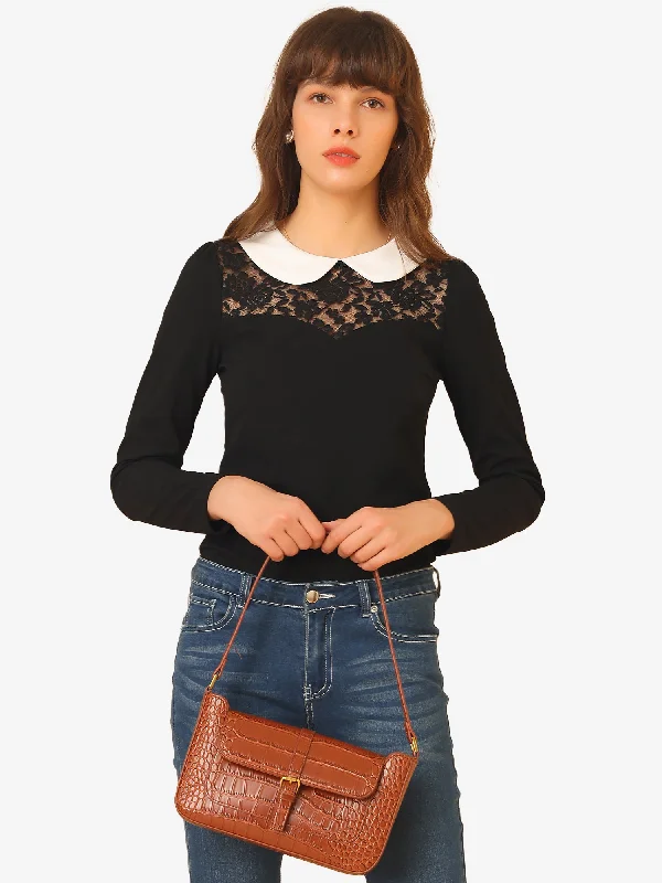 Lace Panel Long Sleeve Contrast Peter Pan Collar Blouse