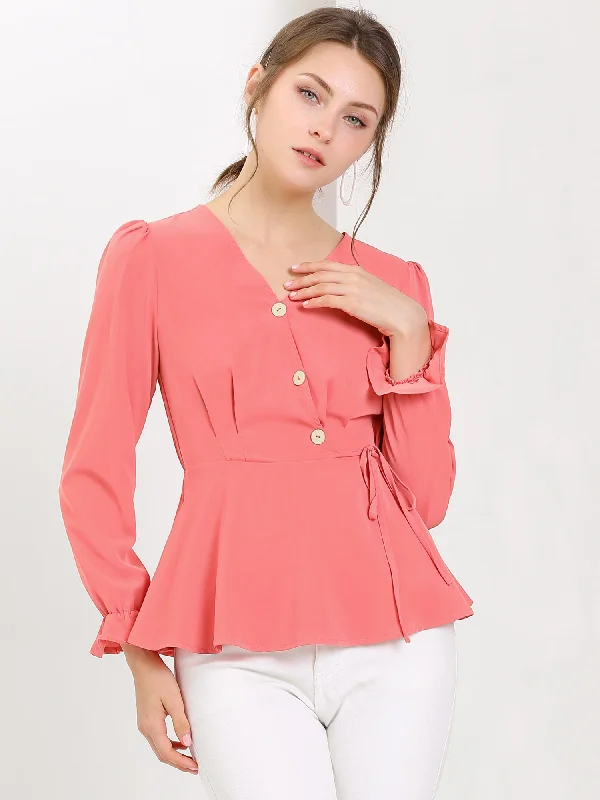 V Neck Tie Waist Button Decor Long Sleeve Peplum Blouse