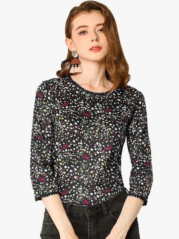 Crew Neck 3/4 Sleeve Lace Trim Floral Print Blouse