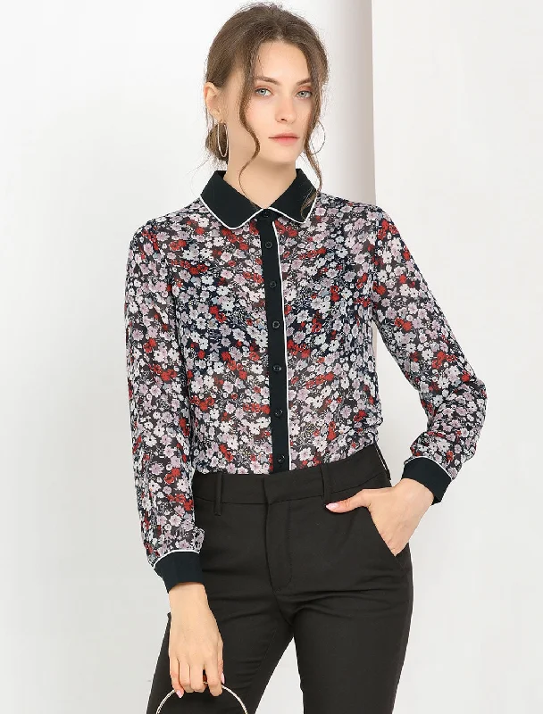 Button Down Shirt Long Sleeve Contrast Collar Floral Blouse Top