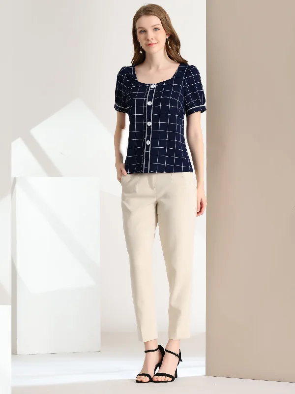 Square Neck Puff Sleeve Work Office Plaid Blouse