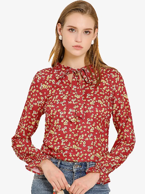 Casual Tie Neckline Raglan Long Sleeve Floral Blouse