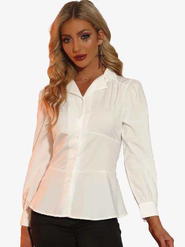 Long Sleeve Casual V Neck Tie Back Button Up Peplum Blouse