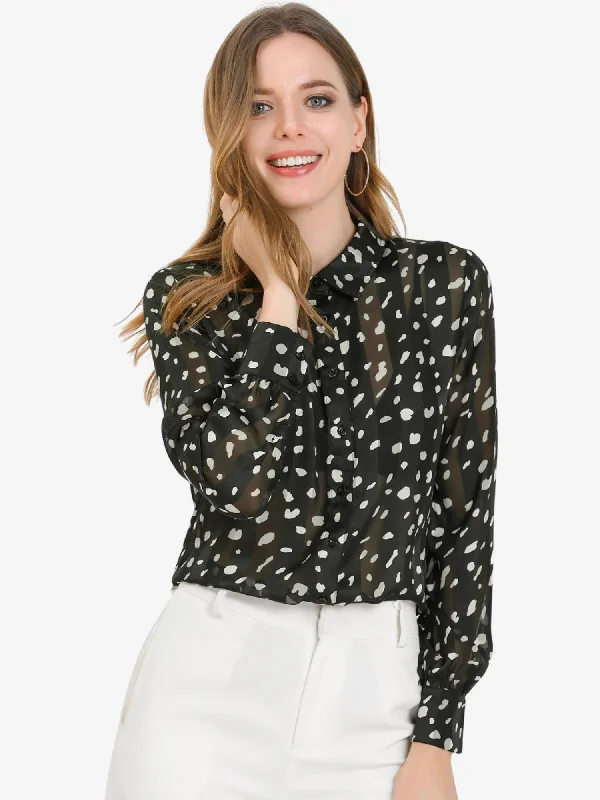 Work Office Shirt Long Sleeve Button Down Dots Chiffon Blouse