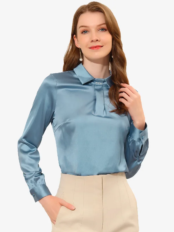 Satin Pearl Decor Collared Pleated Silky Office Work Blouse