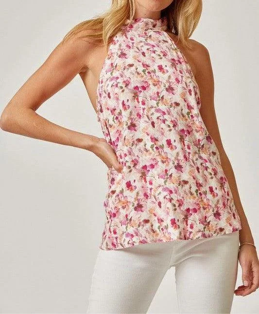 Pink Floral High Neck Sleeveless Top