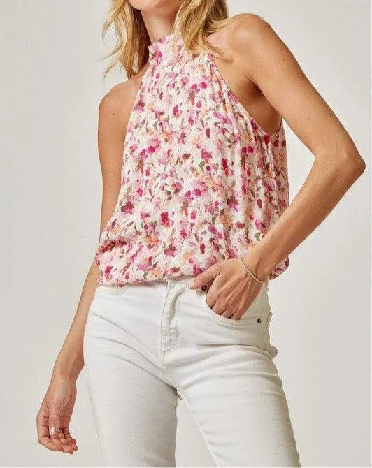 Pink Floral High Neck Sleeveless Top