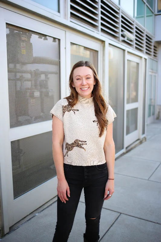 Oatmeal Cheetah Print Short Sleeve Vest | Boutique Elise | Cher