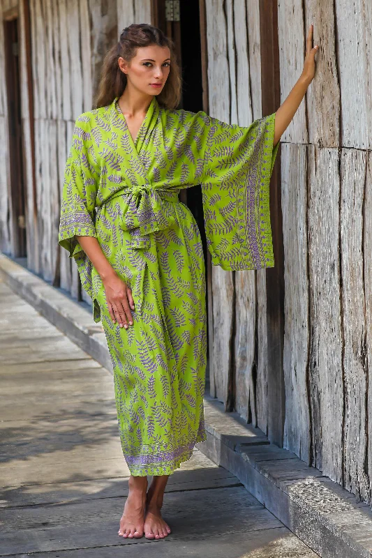 Tropical Fern Forest Balinese Green and Purple Fern Leaf Rayon Kimono Style Robe