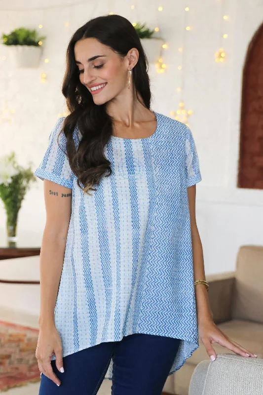 Waves of Blue Block Printed White Cotton Top with Light Blue Stripe Detail