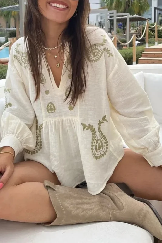 White Boho V Neck Floral Loose Blouse