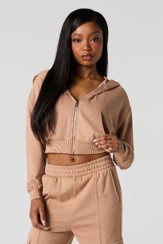 Solid Fleece Zip-Up Cropped Hoodie