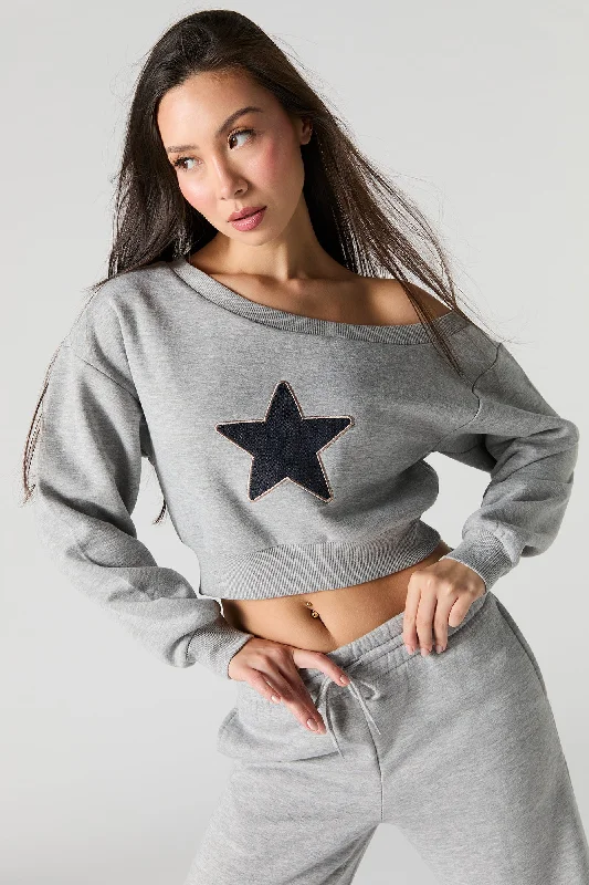 Off Shoulder Cropped Fleece Sweatshirt