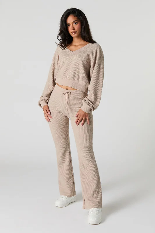 Waffle Knit Cropped V-Neck Sweater