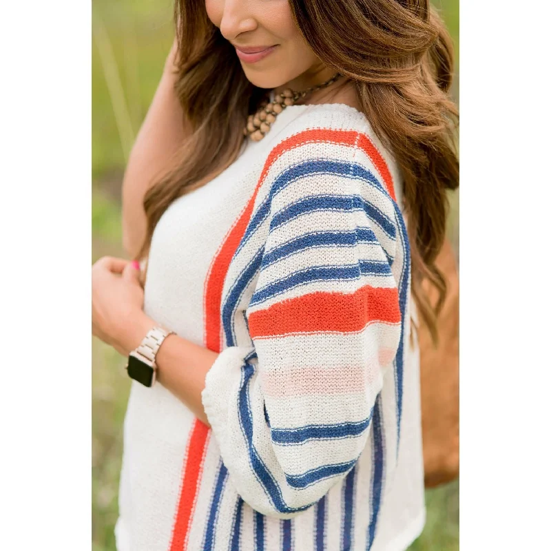 3/4 Sleeve Vertical Striped Knit Sweater