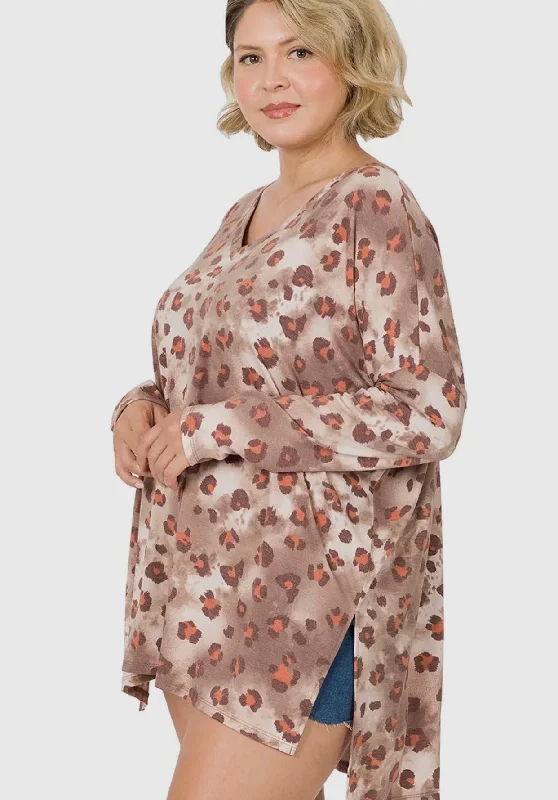 Blouse - Chocolate Leopard Dolman Long Sleeve V-Neck Top, Plus Size