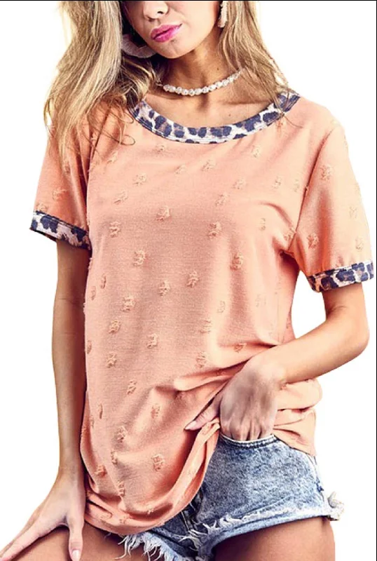 Blouse - Distressed detail with leopard print contrast, Apricot