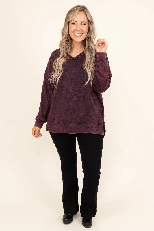 Come On Over Pullover, Dark Burgundy Mineral Wash