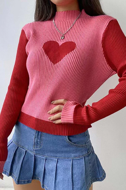 Contrast Mock Neck Heart Graphic Ribbed Knit Tops