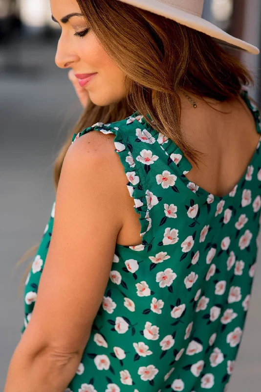 Floating Floral Ruffle Accent V Tank