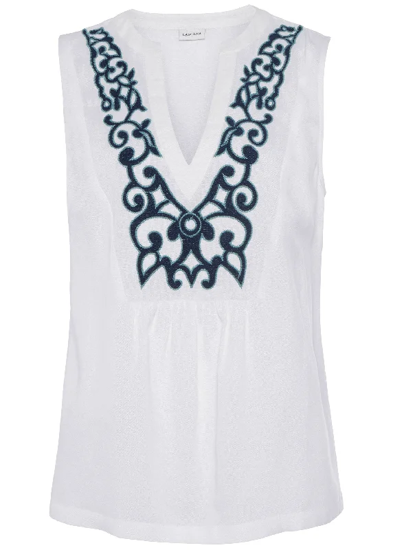 Embroidered V-neck tank - Blue & White