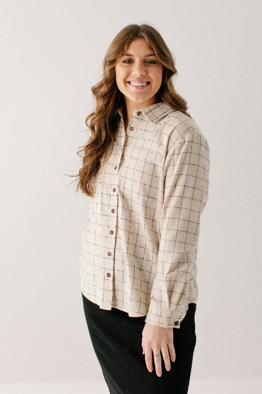 'Kari' Button Down Grid Print Collared Top in Natural FINAL SALE