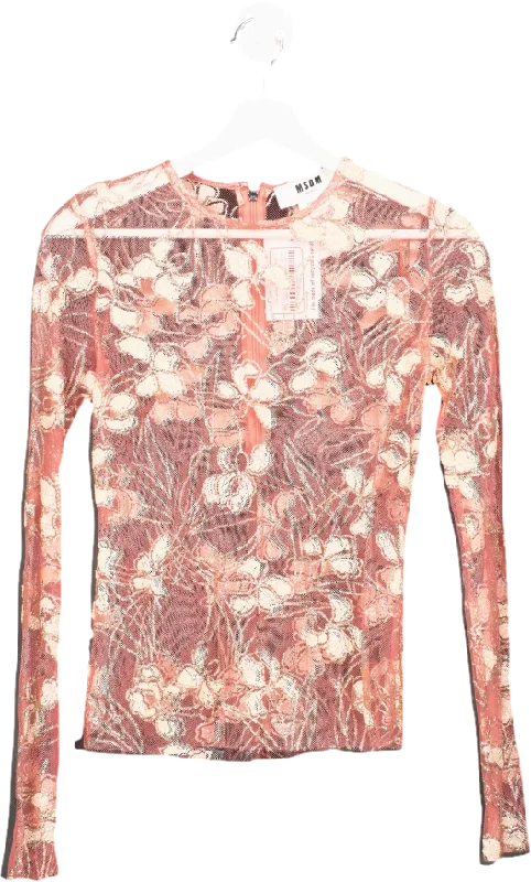 MSGM Pink Sheer Net Top With Glitter Detail Flowers UK XS